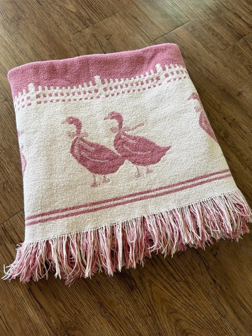 Pink and Cream Cottagecore Country Farmhouse Geese Cotton Woven Throw Blanket